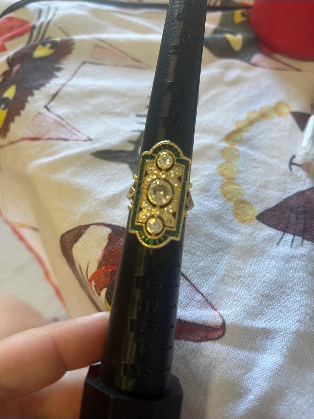 Gold-Tone Green Enamel Decorative Cocktail Ring